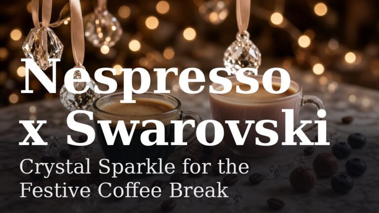 Green espresso cup and pink lungo cup on marble with faceted crystal ornaments, coffee beans, hazelnuts and blueberries, with the text Nespresso x Swarovski and the post title overlaid