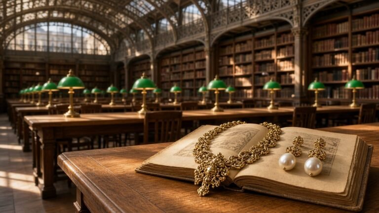 Grand 19th-century library reading room with iron arches, oak tables and green lamps, with a baroque gold necklace and pearl earrings on a book