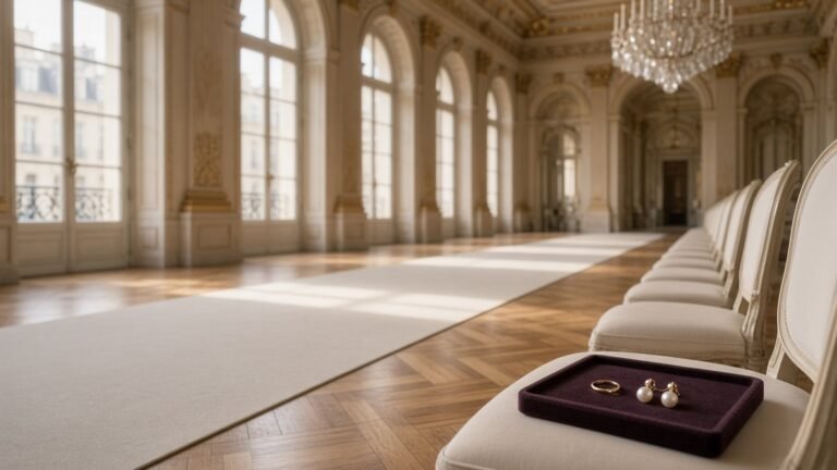 Empty runway in an ornate Parisian hall with cream front-row chairs and a velvet tray holding a gold ring and pearl earrings