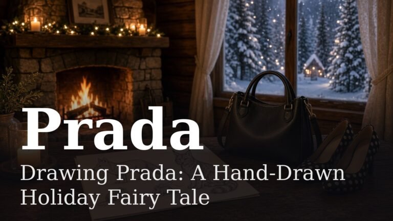 Cosy winter cabin with a glowing fireplace, snowy forest outside the window, pencil sketches of a fox, lynx and mice, a black leather handbag and polka-dot shoes on a wooden table, with the text Prada and the post title overlaid