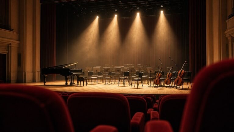 Empty concert hall stage with a grand piano, cellos and orchestra chairs under warm spotlights, seen from red velvet seats