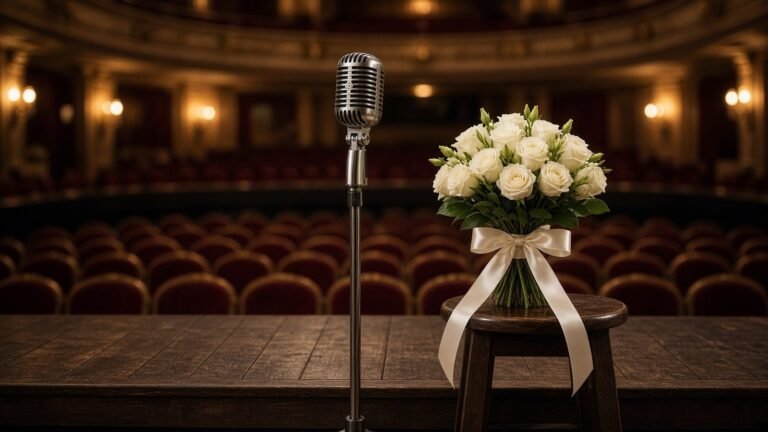 Vintage chrome microphone on an empty theatre stage beside a bouquet of white roses tied with a satin ribbon on a wooden stool, with red velvet seats behind