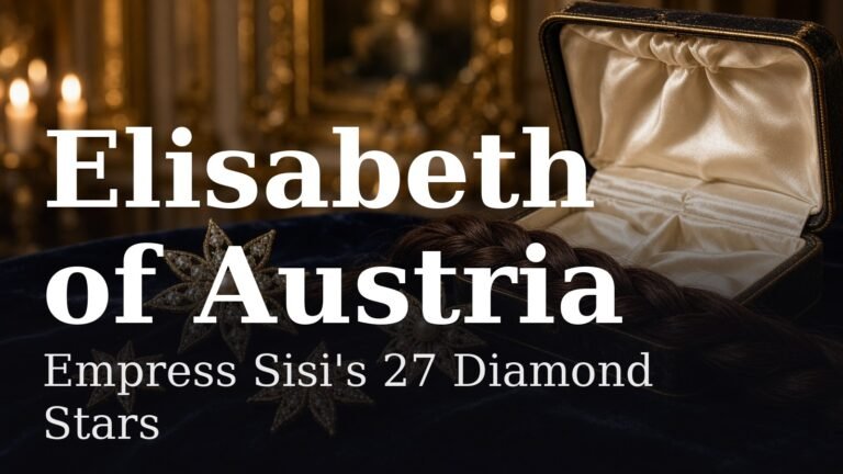 Antique diamond star hair ornaments with pearl centres on midnight-blue velvet beside an open jewellery case and a chestnut braid, with Elisabeth of Austria's name and the post title overlaid