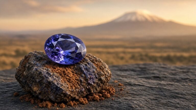 Faceted oval violet-blue tanzanite resting on a rough rock with red earth, with a snow-capped mountain on the savannah horizon at sunset
