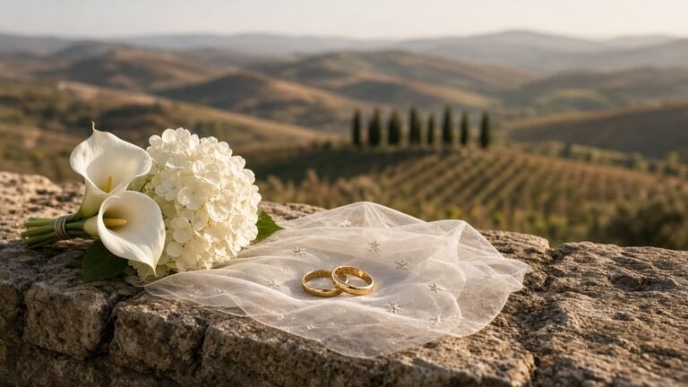Two gold wedding rings on a star-embroidered sheer veil beside white calla lilies on a stone wall overlooking Tuscan vineyards