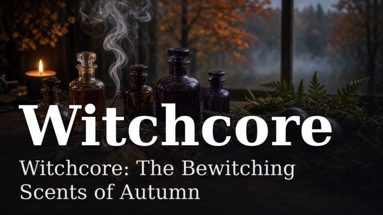 Unlabelled amber and violet perfume bottles, incense smoke, frankincense resin, herbs, plums, moss, an amethyst pendant and a garnet ring on a dark wooden table, with the text Witchcore and the post title overlaid